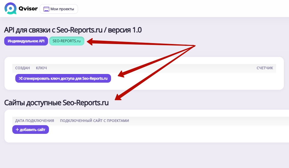 Страница Qvisor для интеграции с нашим сервисом: генерация API-ключа и выдача доступа к проектам.