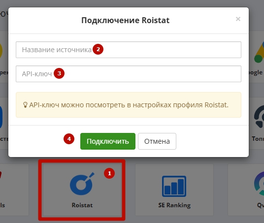 Окно «Подключение Roistat»: поля названия источника и API-ключа.